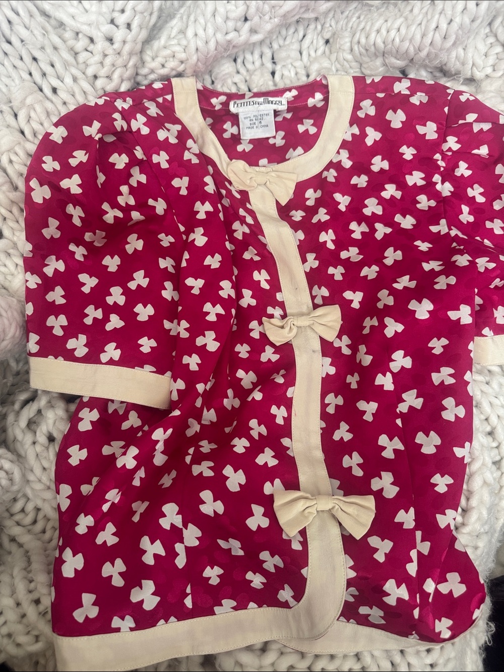 Petite Studio Pink-Red Blouse with Cream Bow Trim